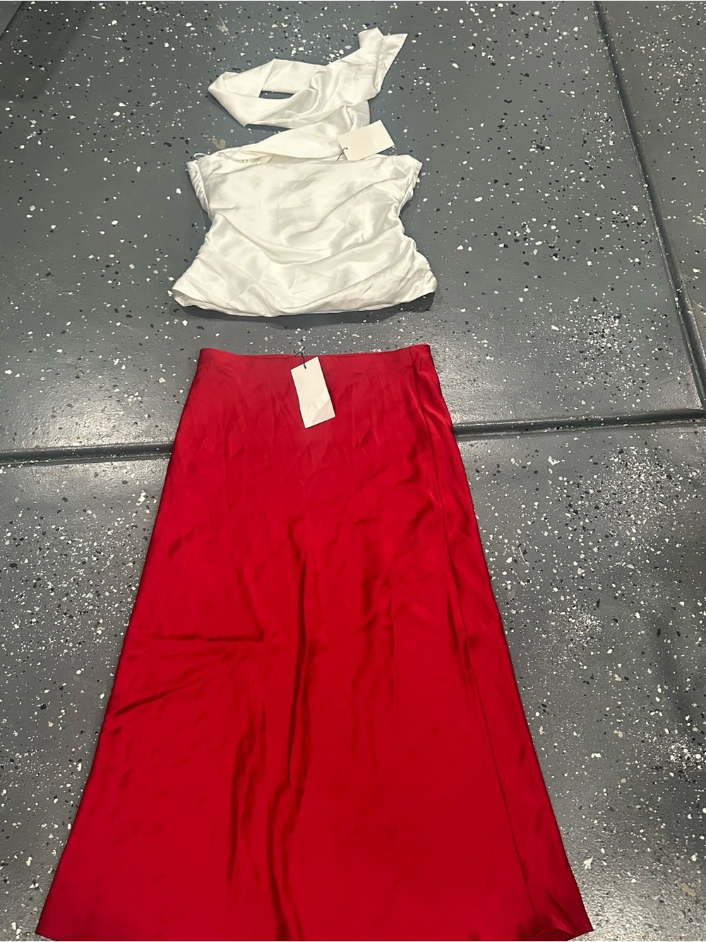 Zara Red Satin Maxi Skirt with White Top